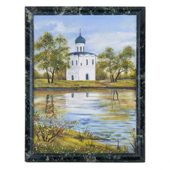 Картина &amp;quot;Церковь на берегу&amp;quot; рамка змеевик 36х46 см, каменная крошка 111587