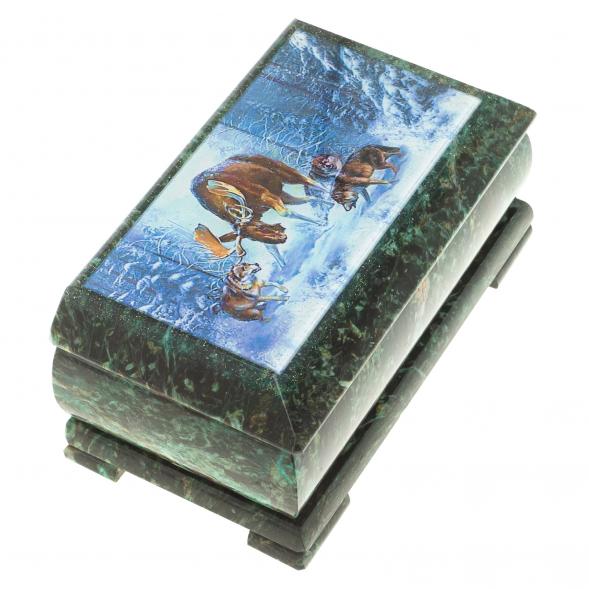 Шкатулка с иллюстрацией &amp;quot;Лось с волками&amp;quot; камень змеевик 17,5х9,5х7,5 см 124033