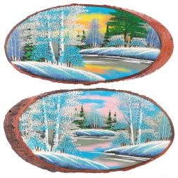 Панно на срезе дерева "Зима" горизонтальное 45-50 см каменная крошка