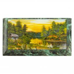 Шкатулка с иллюстрацией "Домик на берегу реки" камень змеевик 17,5х9,5х7,5 см