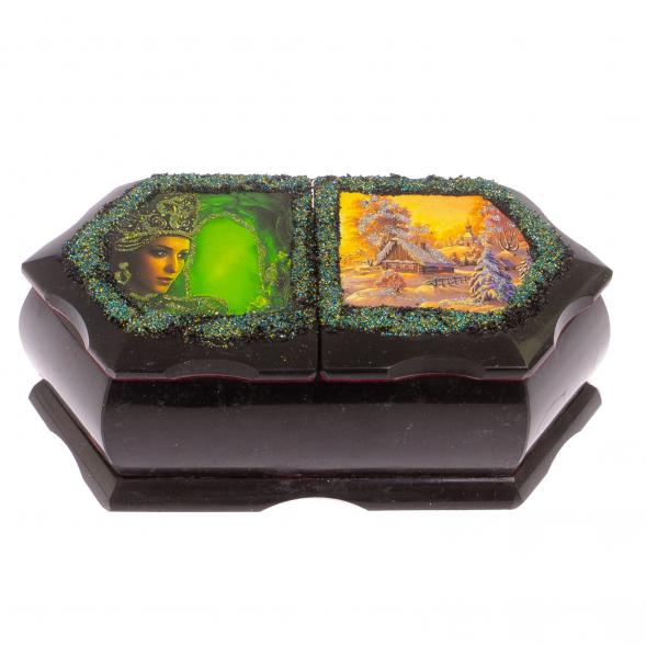 Шкатулка с двумя отсеками &amp;quot;Хозяйка медной горы / Домик в зимнем лесу&amp;quot; черный змеевик 20х10х7,5 см 125418
