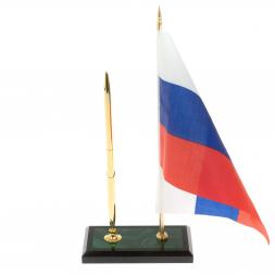 Подставка под ручку с флагом РФ из малахита 9,5х6,5х25 см