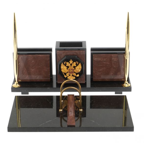Настольный набор &amp;quot;Офисный&amp;quot; с гербом РФ из камня лемезит 127249