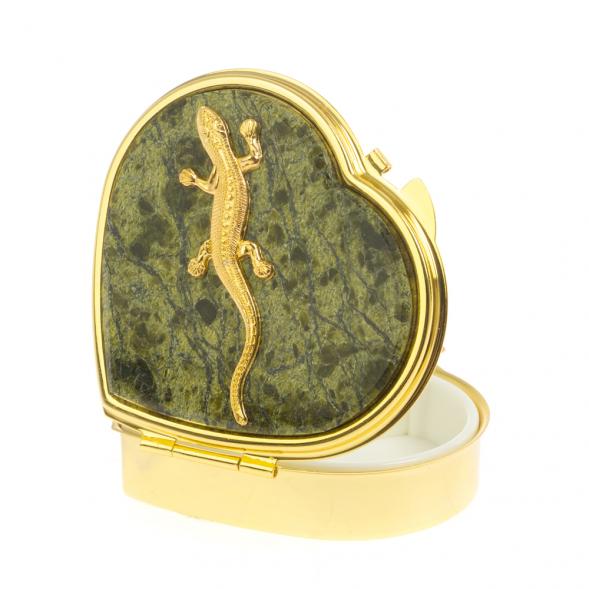 Таблетница &amp;quot;Сердце&amp;quot; с ящерицей на 3 отделения змеевик цвет золото 127011