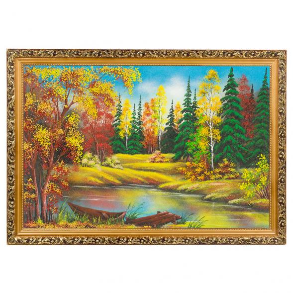 Картина &amp;quot;Лодка на озере осень&amp;quot; багет 46х66 см повтор 9658, каменная крошка 112432