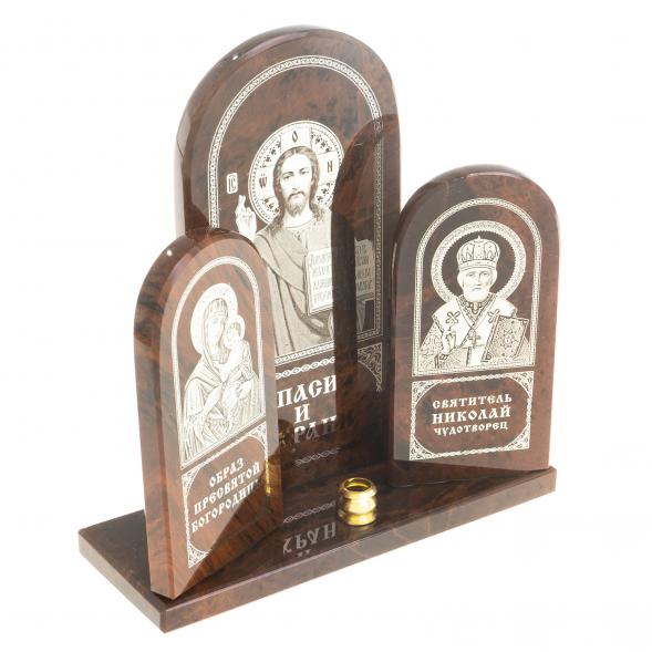 Икона триптих большая &amp;quot;Спаситель, Богоматерь, Николай&amp;quot; камень обсидиан 122915