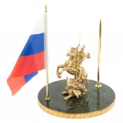 Статуэтка "Георгий Победоносец" с флагом РФ на нефрите 20х20х27 см