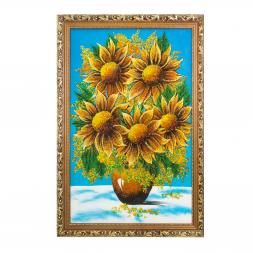 Картина &amp;quot;Букет подсолнухов&amp;quot; багет 46х66 см каменная крошка голубой фон