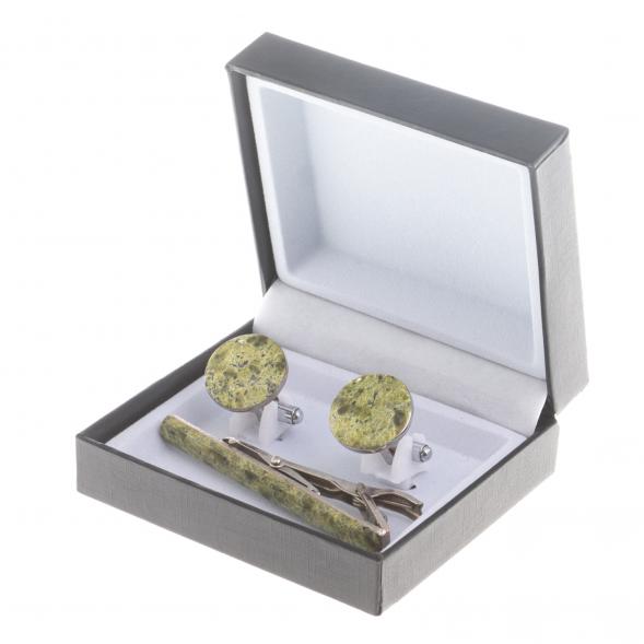 Набор запонки круглые и зажим для галстука камень змеевик 124454