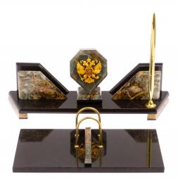 Письменный прибор &amp;quot;Эталон&amp;quot; с гербом РФ камень офиокальцит