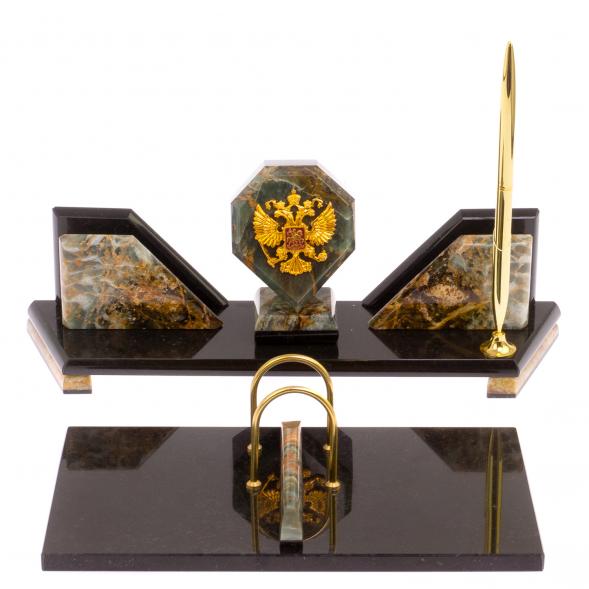 Письменный прибор &amp;quot;Эталон&amp;quot; с гербом РФ камень офиокальцит 126326