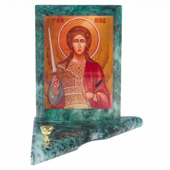 Икона с подсвечником Архангел Михаил средняя из змеевика 12х12х13 см 119140