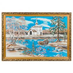 Картина "Церковь зимнем на берегу" багет 46х66 см, каменная крошка