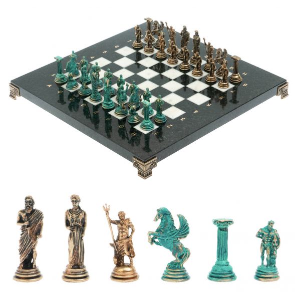 Шахматы &amp;quot;Подвиги Геракла&amp;quot; фигуры  бронза / патина 28х28 см из мрамора 128195