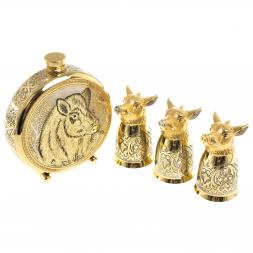 Подарочный набор &amp;quot;Кабан&amp;quot; фляжка и 3 стопки перевертыша Златоуст