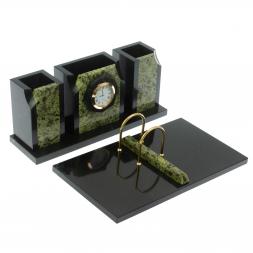 Настольный набор &amp;quot;Грани&amp;quot; камень змеевик с часами