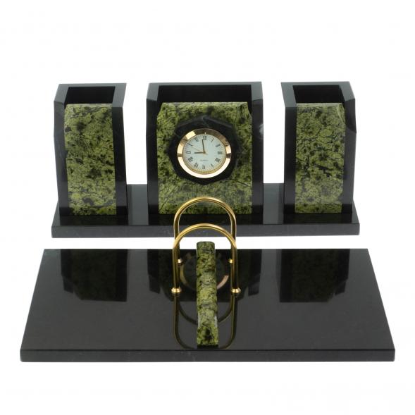 Настольный набор &amp;quot;Грани&amp;quot; камень змеевик с часами 124043