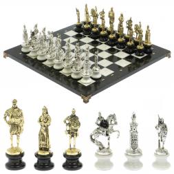 Шахматы &amp;quot;Русь&amp;quot; из мрамора и змеевика на каменных подставках 44х44 см