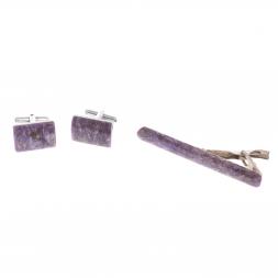 Набор запонки прямоугольные и зажим для галстука камень чароит