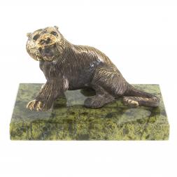 Статуэтка из бронзы "Рычащий тигр" на подставке из змеевика