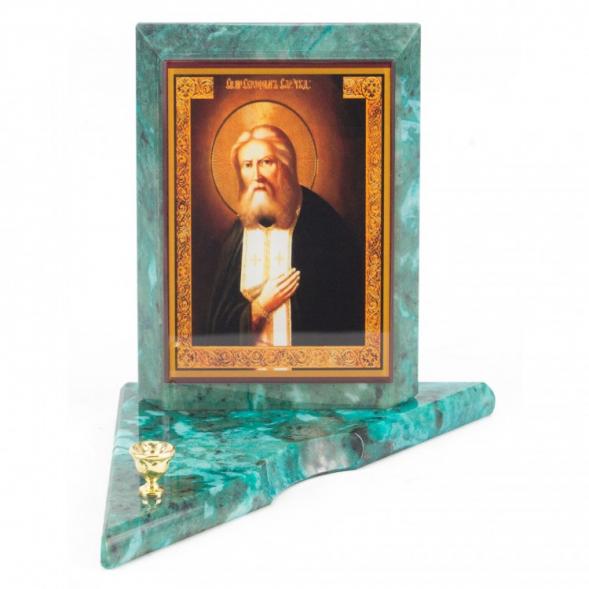 Икона с подсвечником Серафим Саровский средняя из змеевика 12х12х13 см 118948