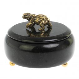 Шкатулка круглая &amp;quot;Медведь&amp;quot; из черного змеевика 15х15х11 см