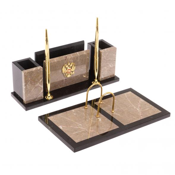 Письменный набор &amp;quot;Советник&amp;quot; с Гербом РФ из бежевого мрамора 126567