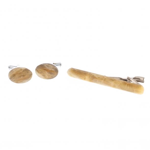 Набор запонки овальные и зажим для галстука камень оникс 124460