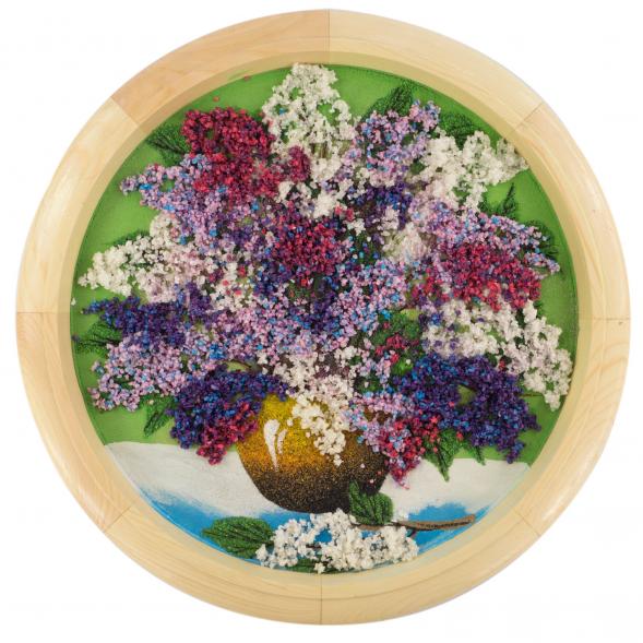 Картина с рисунком из камня &amp;quot;Натюрморт сирень в вазе&amp;quot; на тарелке 40см из дерева 121094