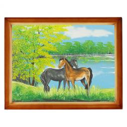 Картина &amp;quot;Пара лошадей&amp;quot; багет дерево 36х46 см, каменная крошка
