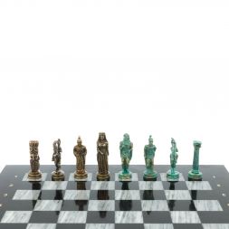 Шахматы "Александр Макендонский" фигуры бронза / патина доска 36х36 см серый мрамор