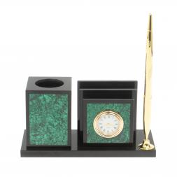 Настольная визитница с часами из малахита 18х7,5х9 см