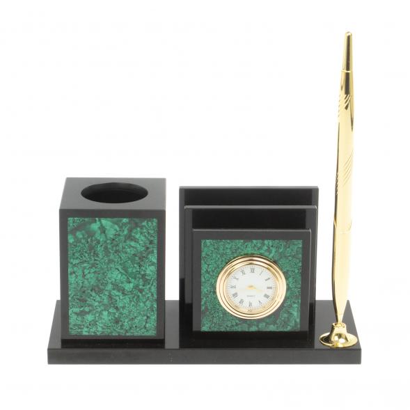 Настольная визитница с часами из малахита 18х7,5х9 см 126953