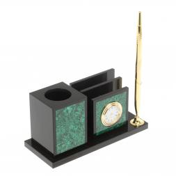 Настольная визитница с часами из малахита 18х7,5х9 см