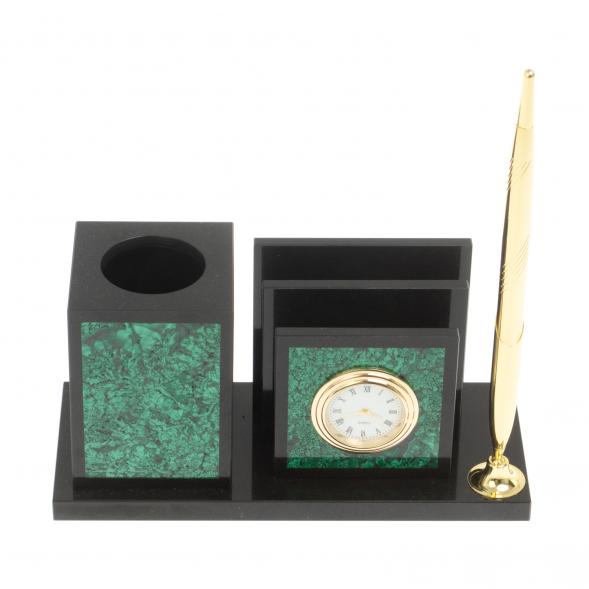 Настольная визитница с часами из малахита 18х7,5х9 см 126953