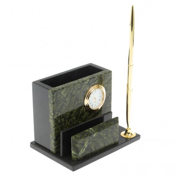 Карандашница с часами камень змеевик 117256