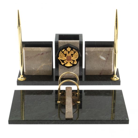 Настольный набор &amp;quot;Офисный&amp;quot; с гербом РФ камень бежевый мрамор 127583