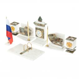 Письменный прибор с гербом и флагом России камень мрамор, офиокальцит