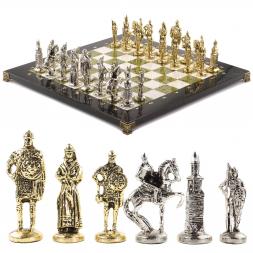 Шахматы из камня с металлическими фигурами &amp;quot;Русь&amp;quot; доска 40х40 см мрамор и змеевик