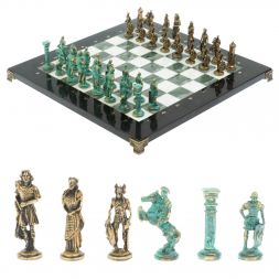 Шахматы "Римляне против Галлов" фигуры бронза / патина 36х36 см мрамор змеевик