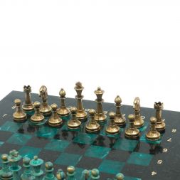 Шахматы "Стаунтон" фигуры бронза / патина 28х28 см из змеевика