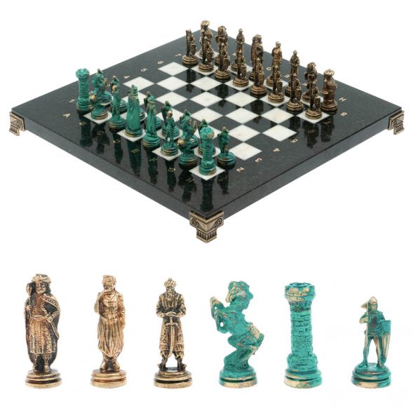 Шахматы &amp;quot;Рыцари&amp;quot; фигуры бронза / патина 28х28 см из мрамора 128215